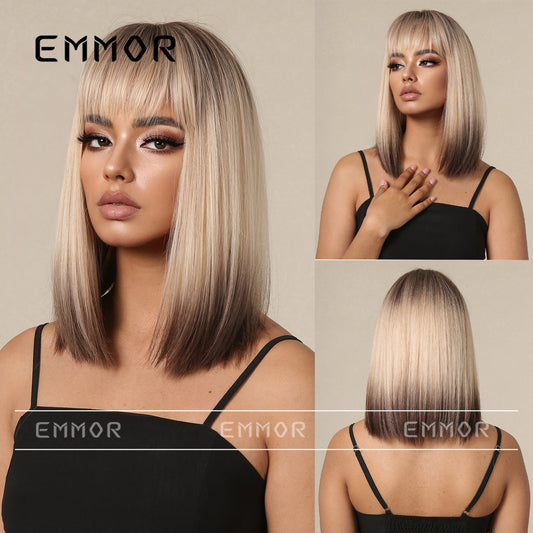 Female Clavicle Gradient Golden Artificial Scalp Natural Medium Wig Short Straight Hair