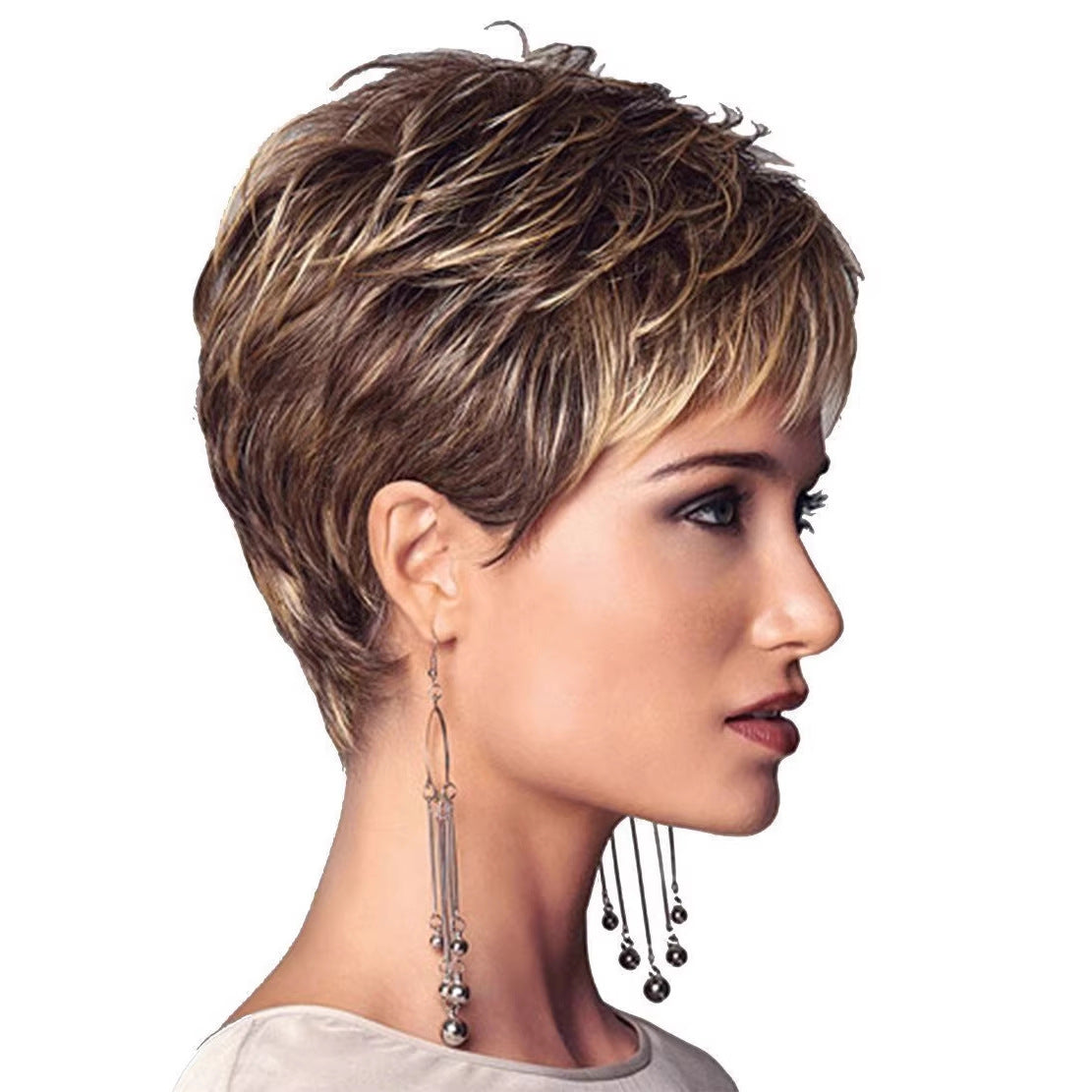 Women's Fashion Brown Pick Gold One Piece Wig Short Straight Hair