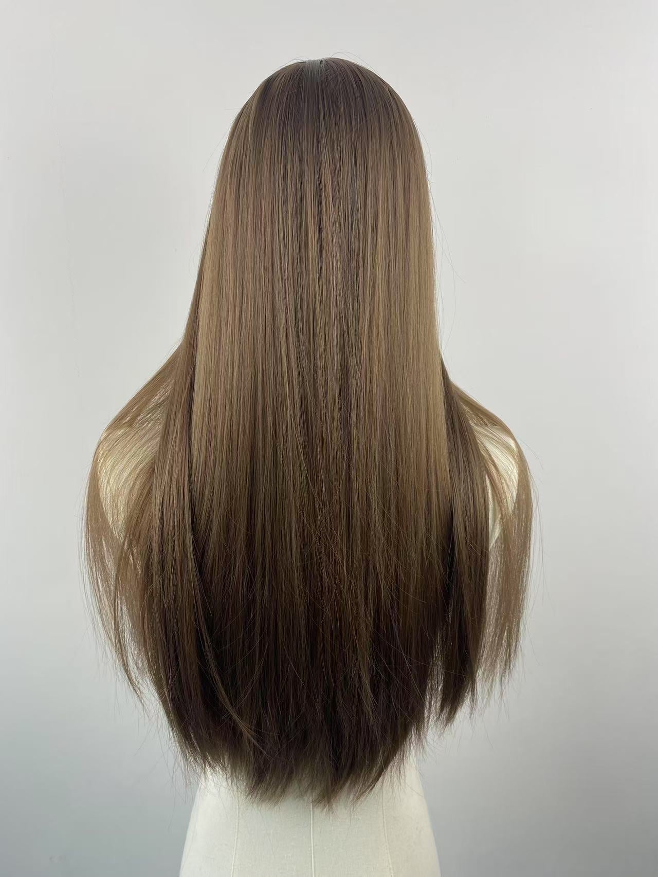 Female Daily Hair Golden Head Cover Air Bangs Mannequin Dummy Long Straight Wig