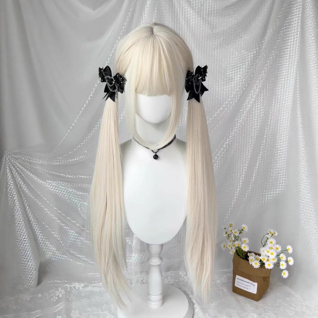 Female Milky White Golden Hair Double Ponytail Little Long Straight Wig