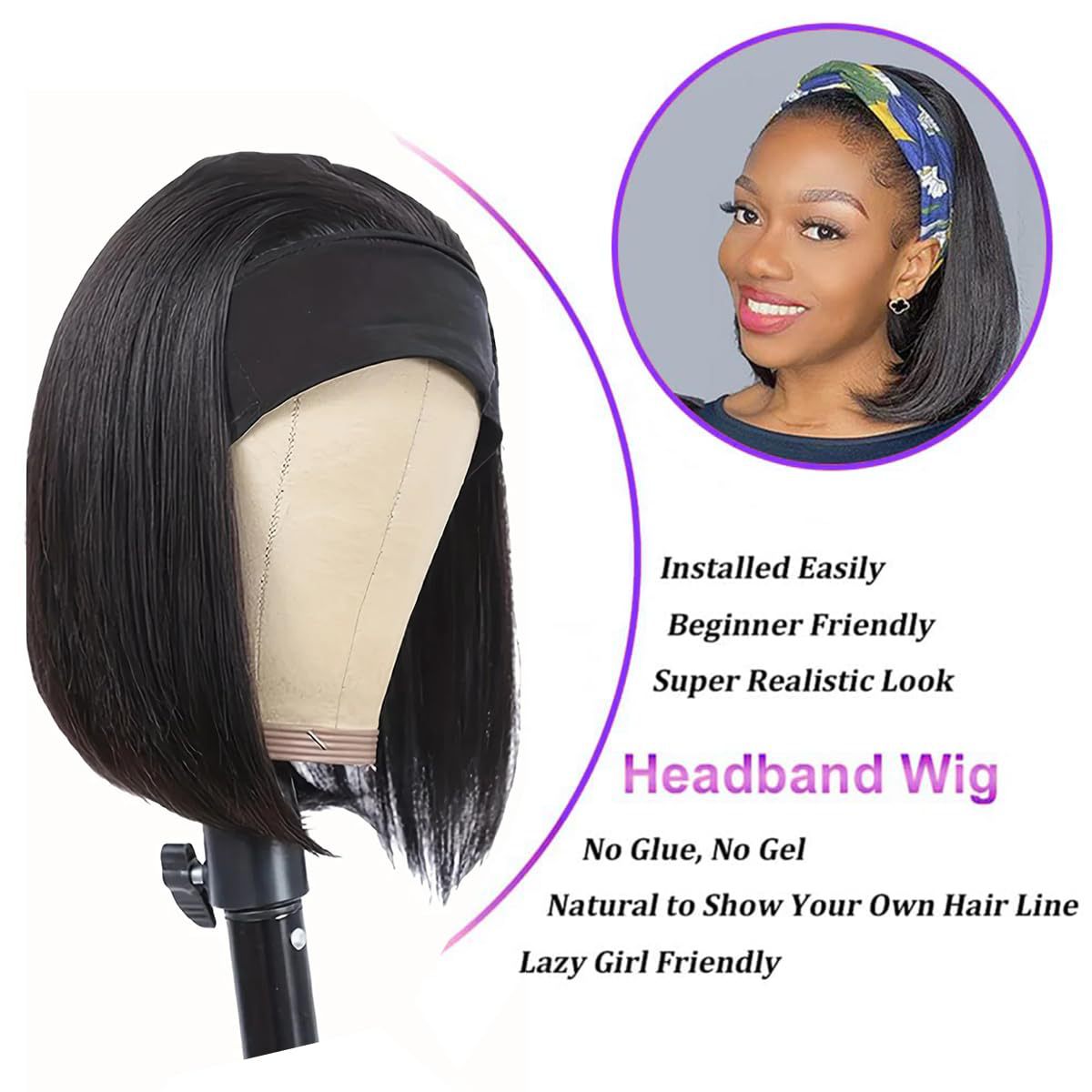 Women's Black Band Inner Buckle Synthetic Wigs Wig Short Straight Hair