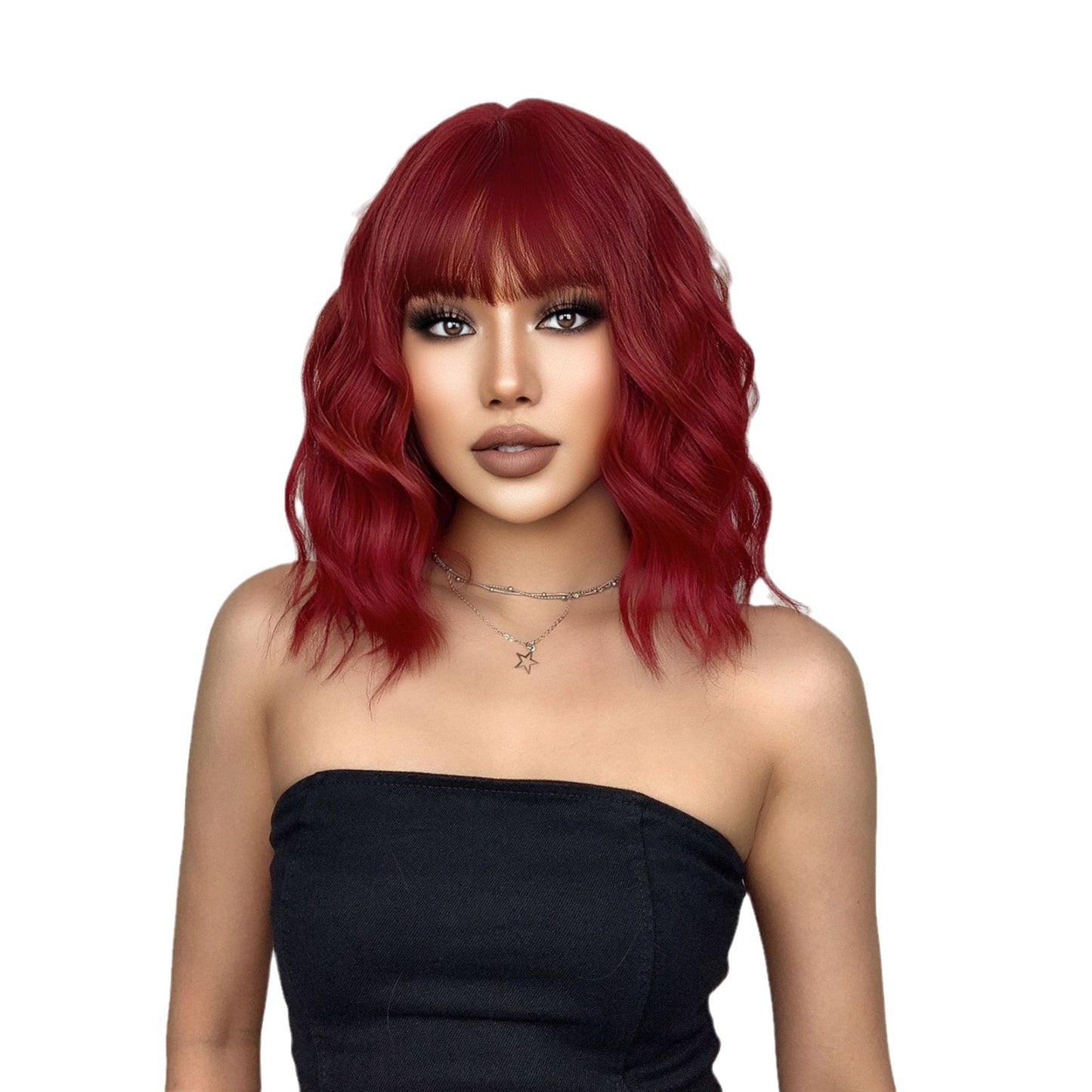 Women's Mechanism Fiber Head Cover Air Bangs Red Wig Short Curly Hair