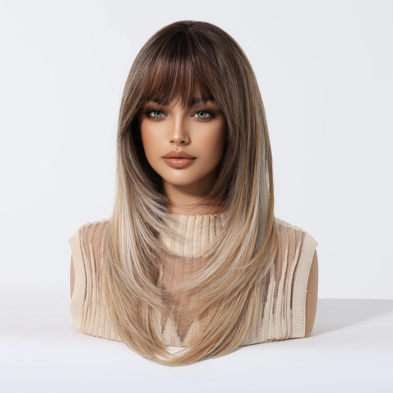 Brown Gradient Bangs Top Dyed Layered Long Straight Wig