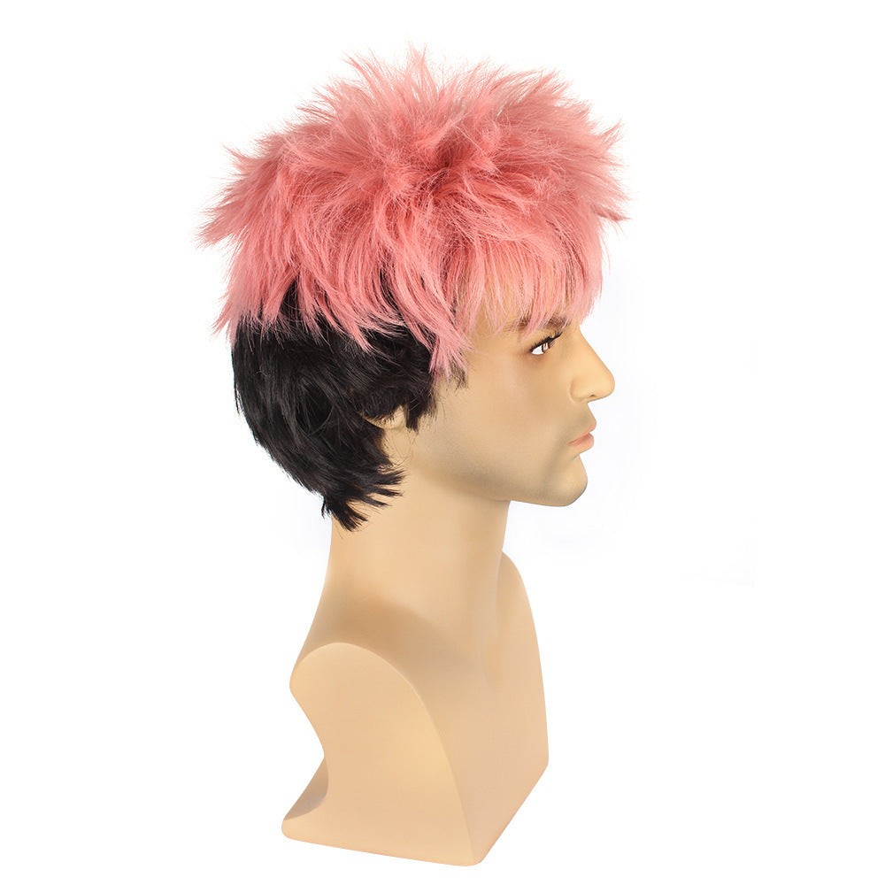 Back Battle Tiger Stick Pink Gradient Black Fluffy Cos Wig