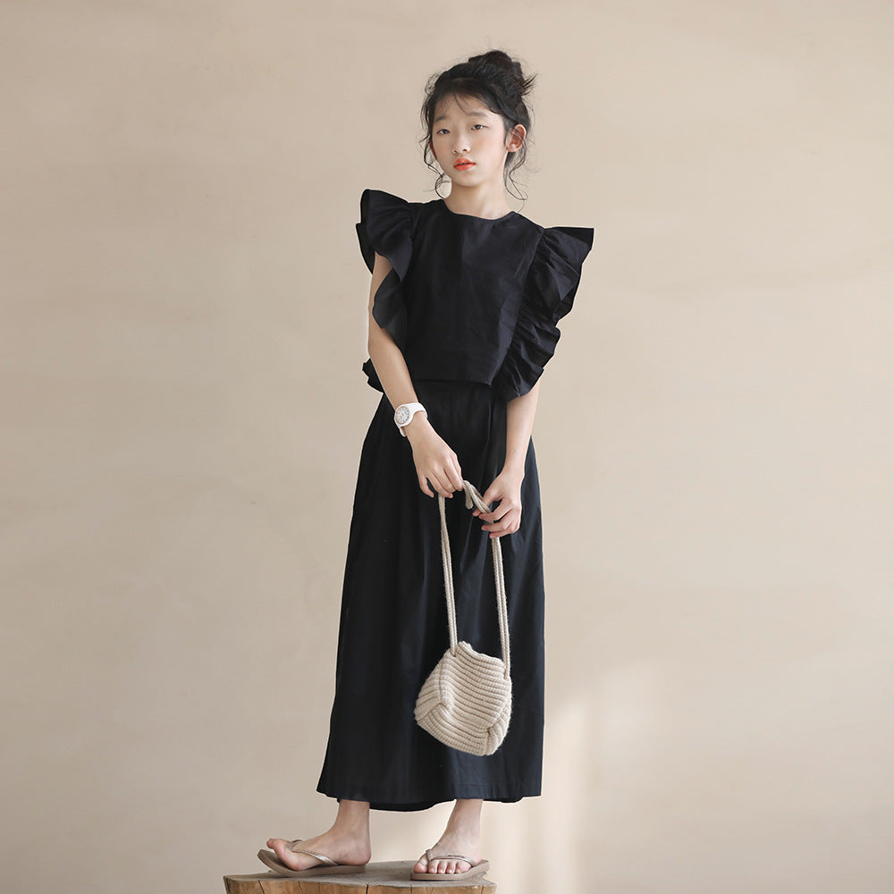 Beige Style Black Culottes Suit Summer Thin Ruffle Children's Pants