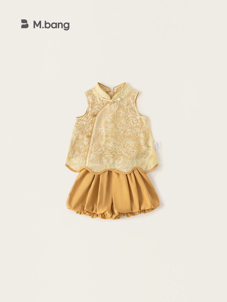 Children's Ethnic Style Sleeveless Top Solid Color Bud Skirt Pants Two-piece Children's Suit