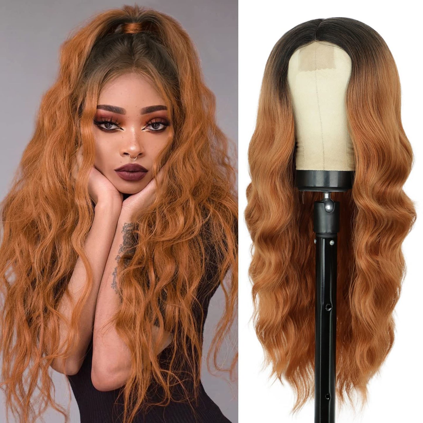 Gradient White Gold Female Middle Curly Synthetic Wig Long Curls