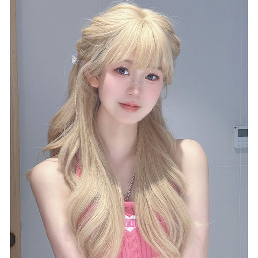 Women's Curly Milk Tea Golden White Whole Top Fashion Naturally Invisible Wig Long Curls
