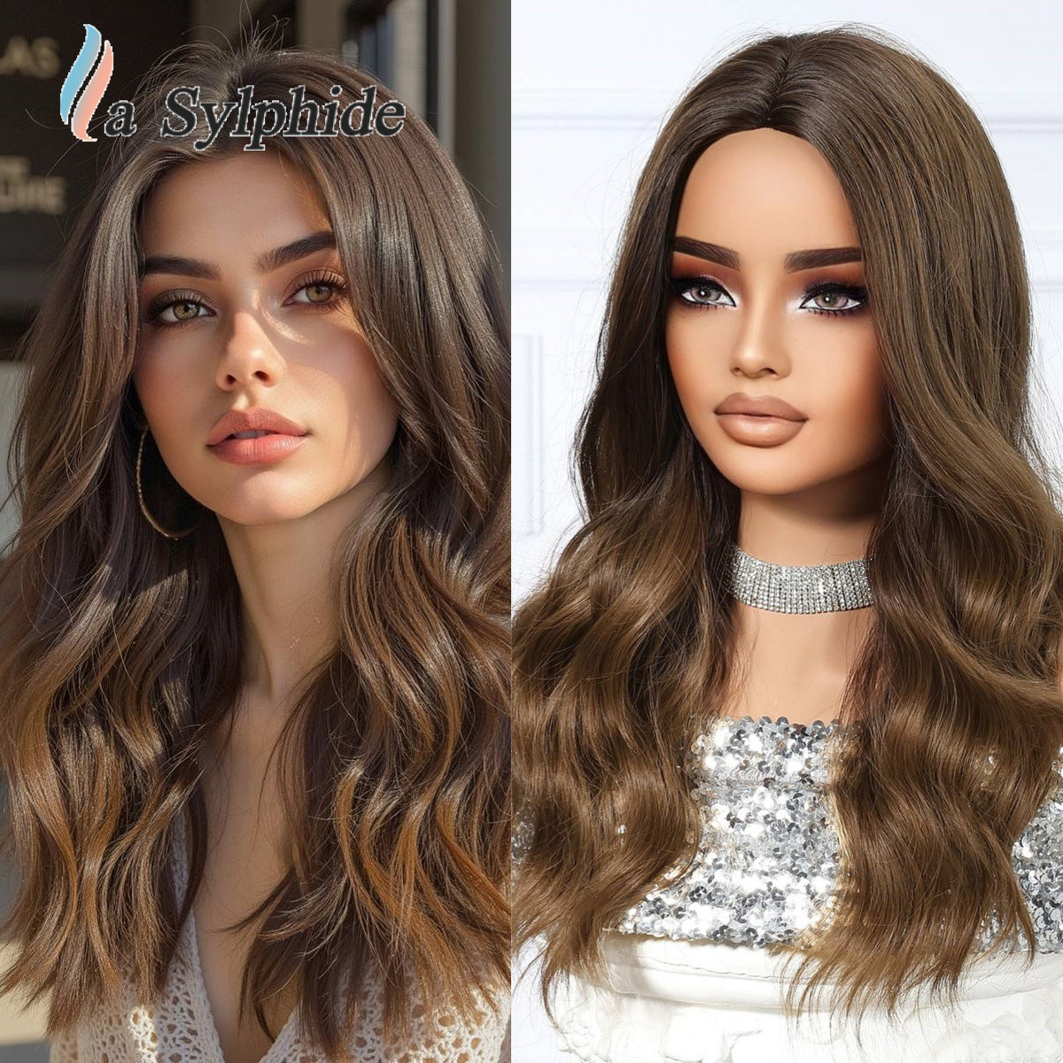 Curly Hair Medium Black Brown Dyed Female Head Cover Fiber Wig Long Curls