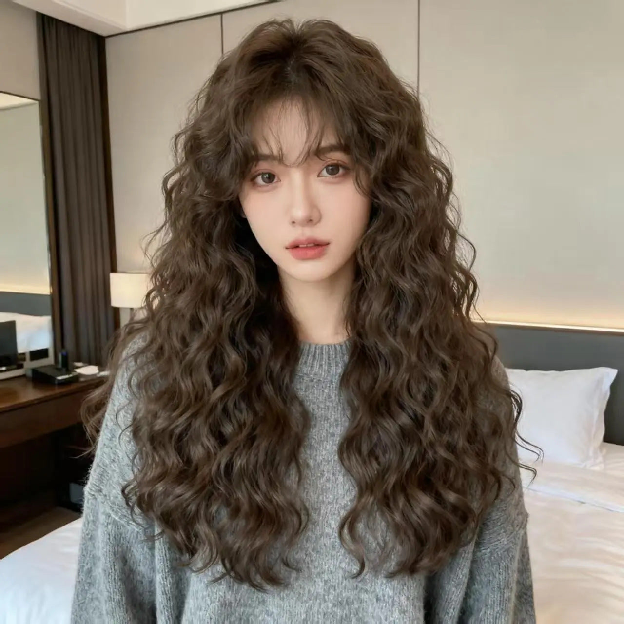 Bangs Cold Brown Temperament Light Whole Wig Long Curls
