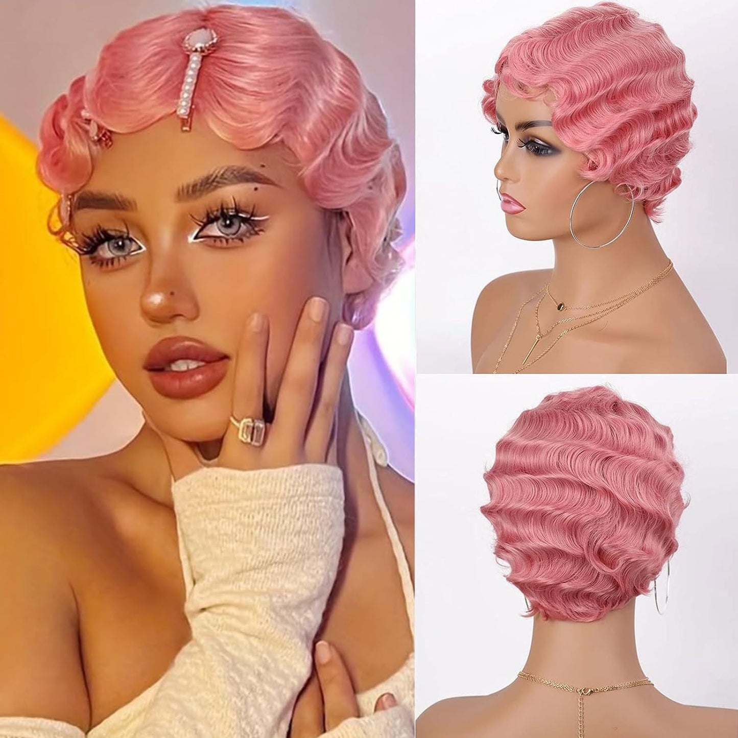 Generation Vintage Hand Push Water Ripple Simulation Wig Short Curly Hair
