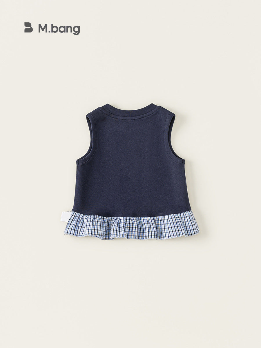 Children's Round Neck Korean Top Plaid Patchwork Clothes Bow Children's T-shirt
