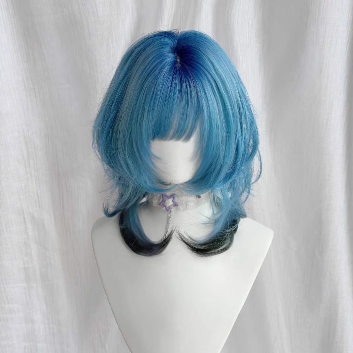 Blue Gradient Wolf Tail Jellyfish Head High-level Short Hair Straight Wig Long Curls