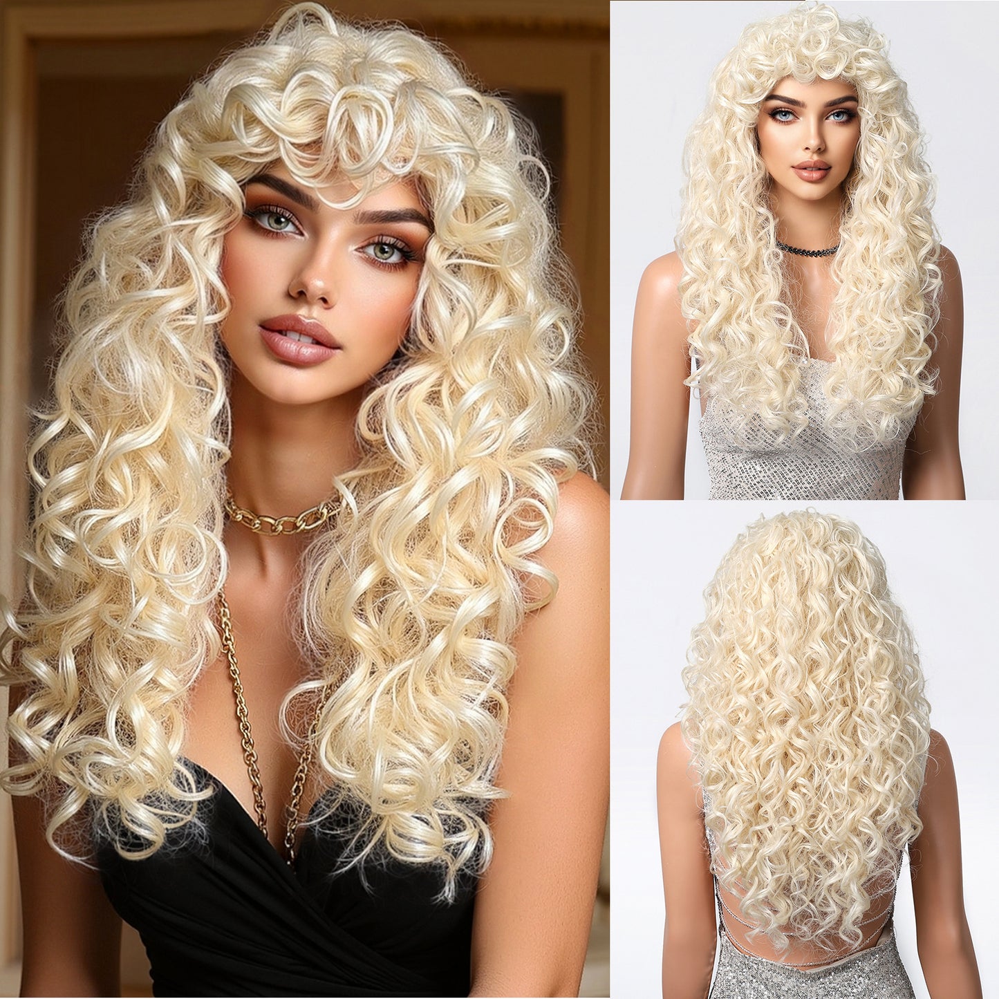Women's White Gold Color Air Bangs Small Wig Long Curls