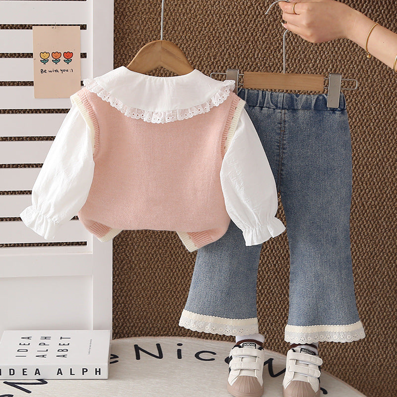 Lace Love Sweater Vest Cute Lapel Bell-bottom Children's Suit