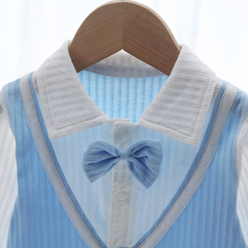 Blue Cotton Born Bow Snap Button Romper Jumpsuit, Climbing Suit