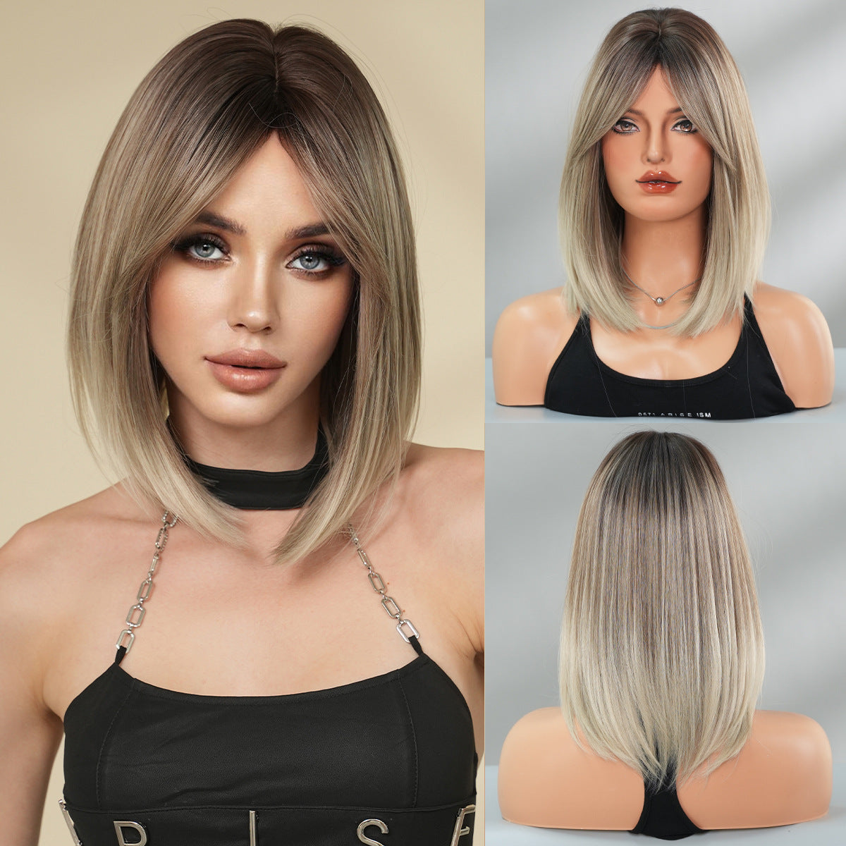 Shoulder Gradient Gold Side Division Bangs Natural Wig Short Straight Hair