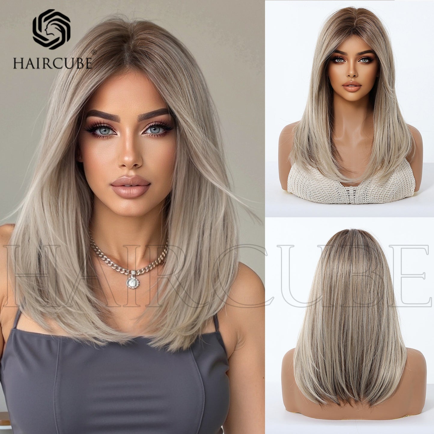 Mid-length Gradient Dyed Bangs Fiber Headgear Wig Short Straight Hair