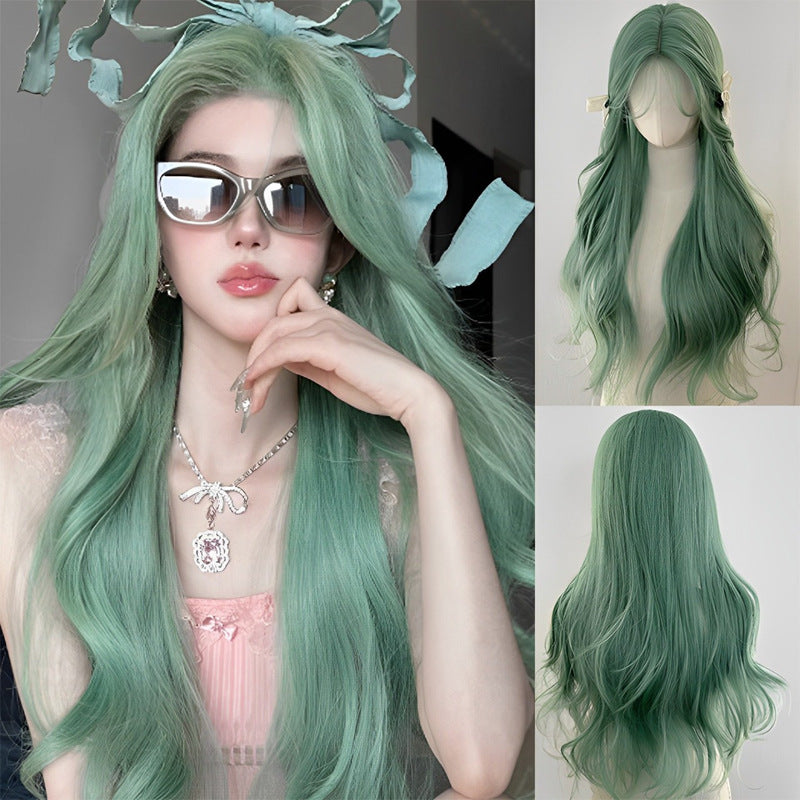 Cover Female Mint Green Chemical Fiber Wavy Curly Hair Natural Wig Long Curls