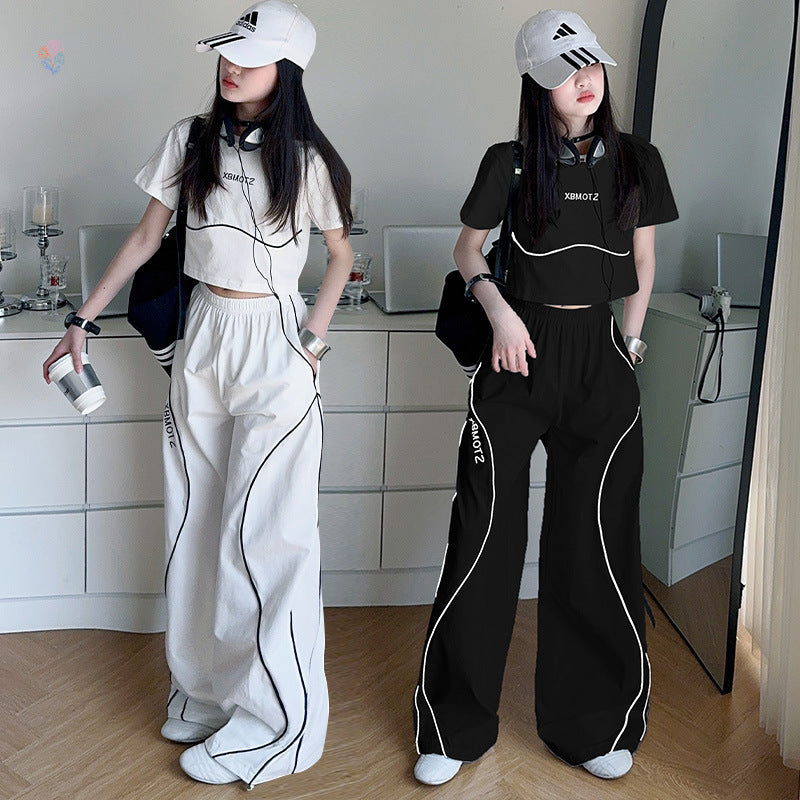 Style Card Rope Two-piece Set Middle Big High Waist T-shirt Children's Suit