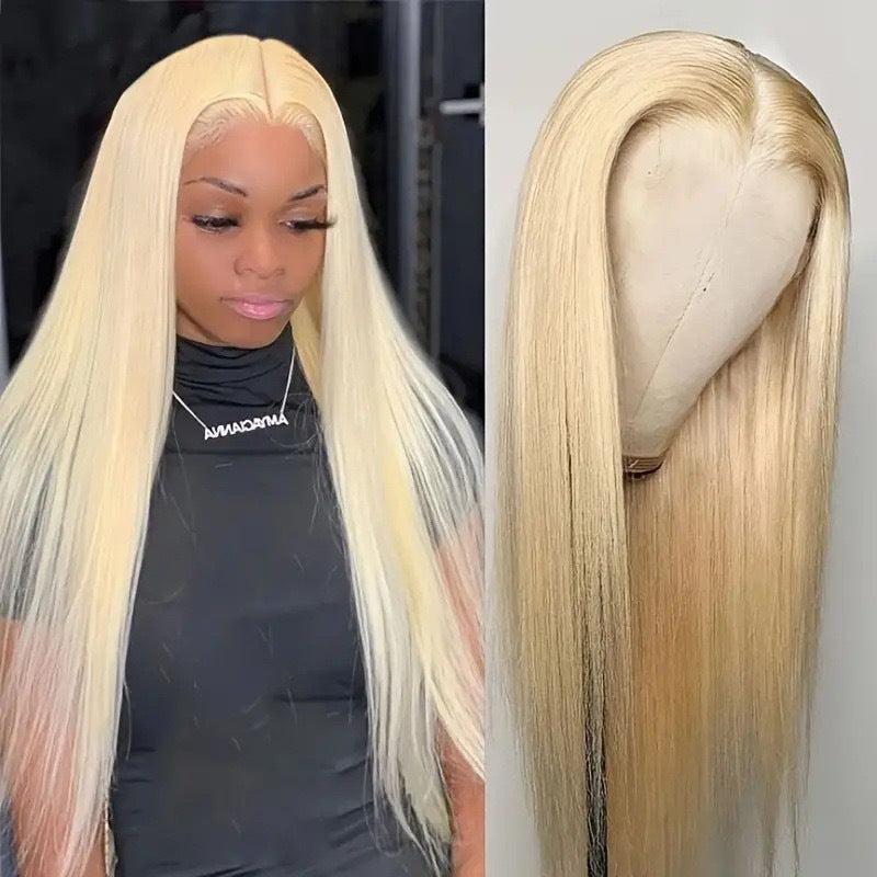 Fashion Light Gold Front Lace Head Long Straight Wig