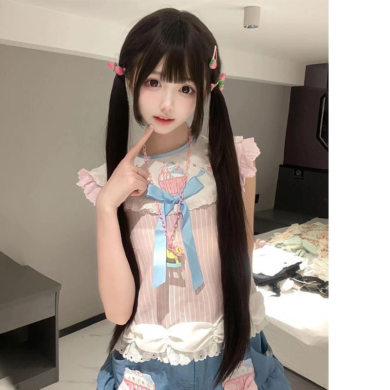 Female Sweet Little Rose Natural Black Gentle With Sideburns Long Straight Wig