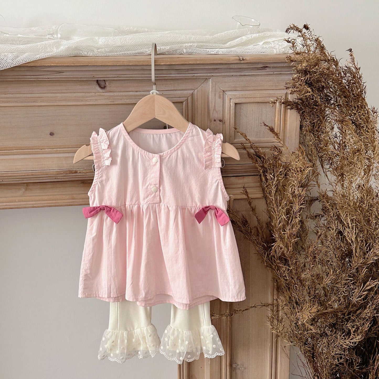 Women's Summer Bow Sleeveless Doll Shirt Embroidered Flared Lace Children's Suit
