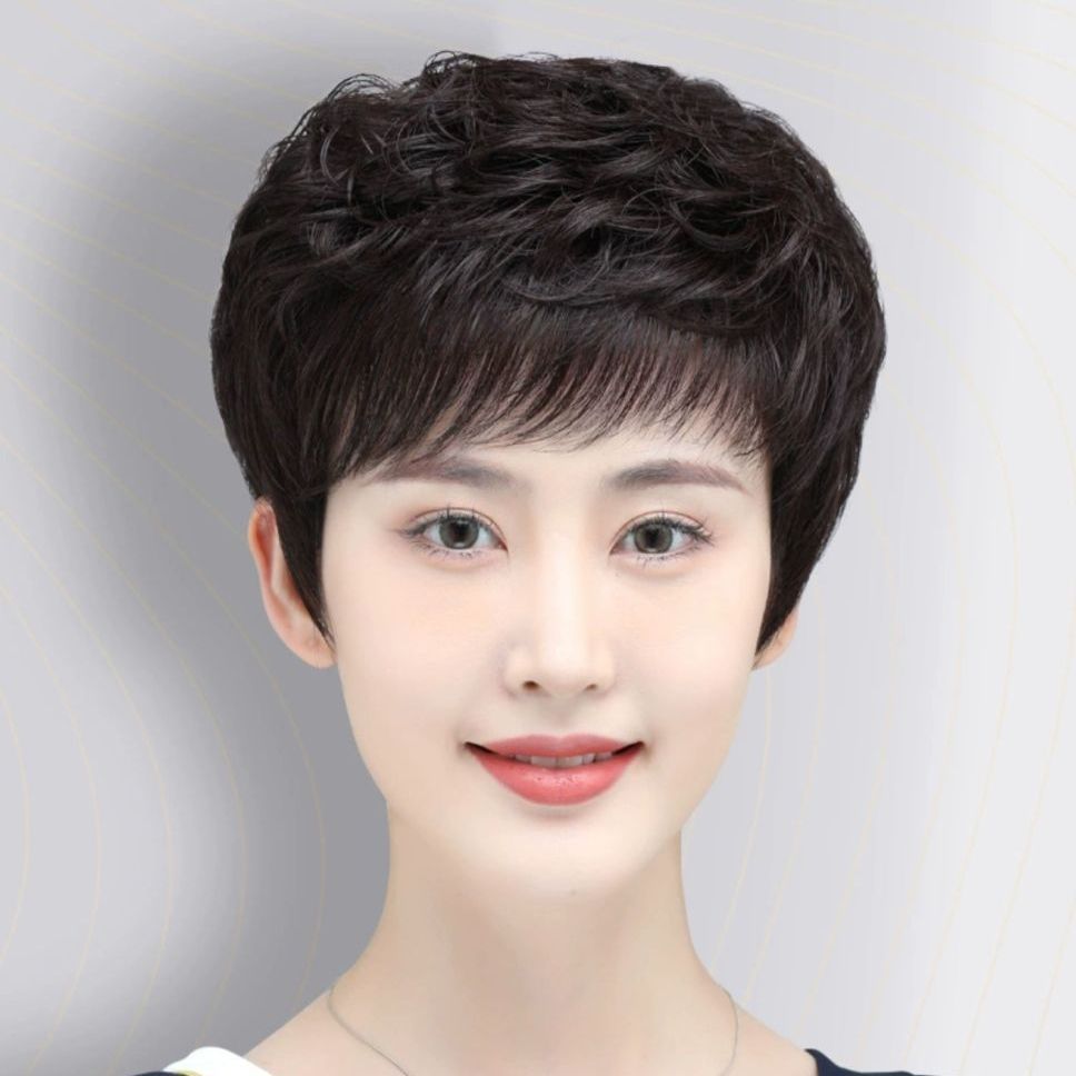 Women's Human Female Mother Style Top Cover Wig Short Curly Hair