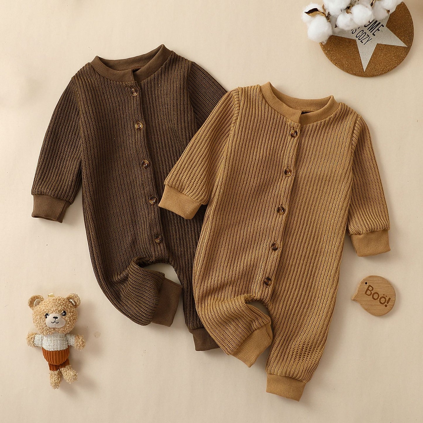 Front Open Single-breasted Knitted Long Sleeve Round Neck Jumpsuit, Climbing Suit