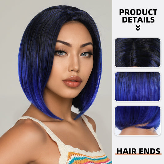 Women's Partial Blue Gradient Color Chemical Fiber Mechanism Wig Short Straight Hair