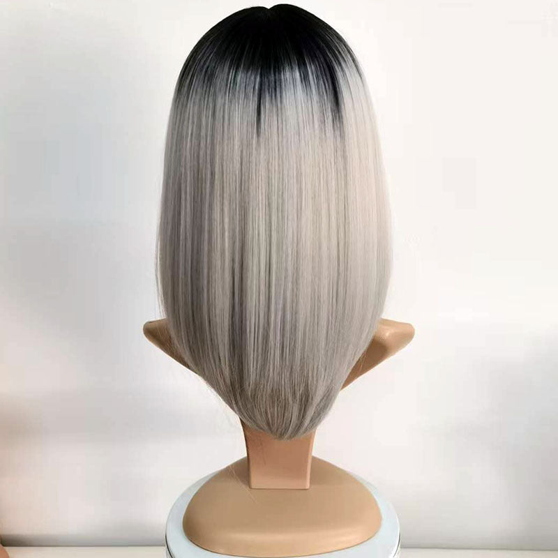 Women's Gradient Gray Mid-length Bangs Fiber High-level Collarbone Length Wig Short Straight Hair