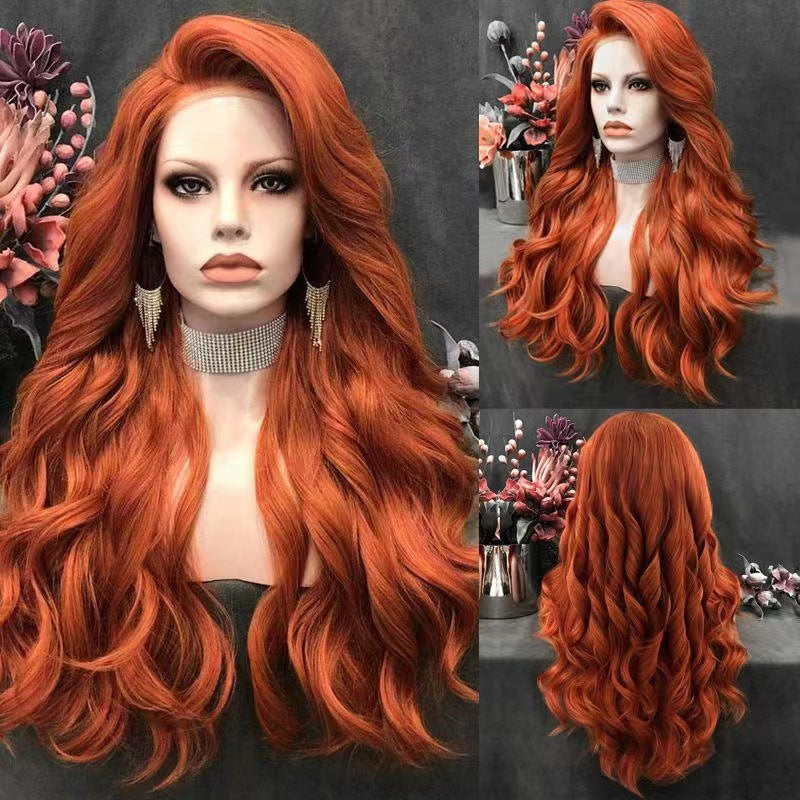 Women's Big Wave Head Cover Orange Curly Hair Wig Long Curls