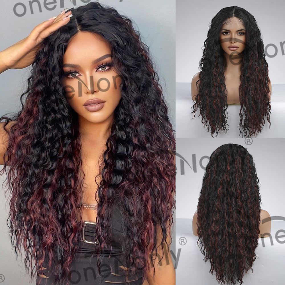 Wine Red Mixed Color Front Lace Wigs With Small Curly Wig Long Curls