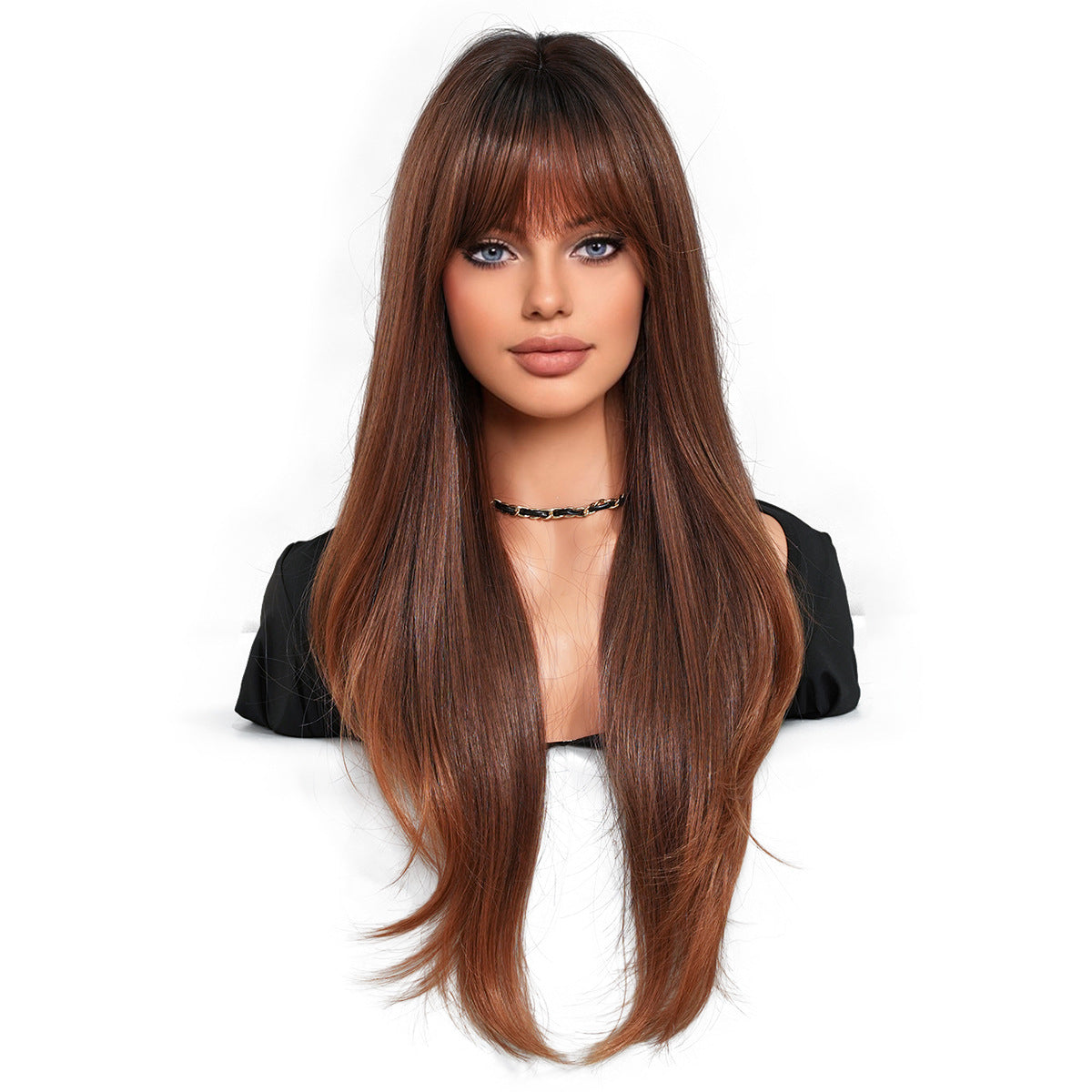 Women's Bangs Brown Gold Gradient Fashion Layered Hair Natural Daily Chemical Wig Long Curls