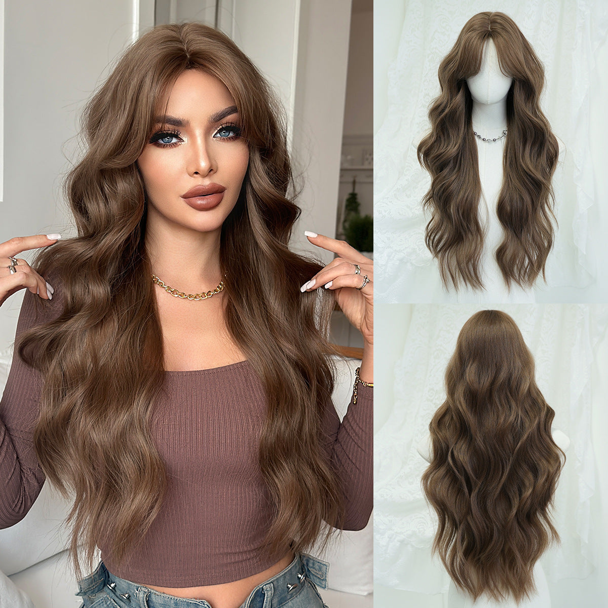 Women's Daily Seamless Square Round Face Hair Wig Long Curls