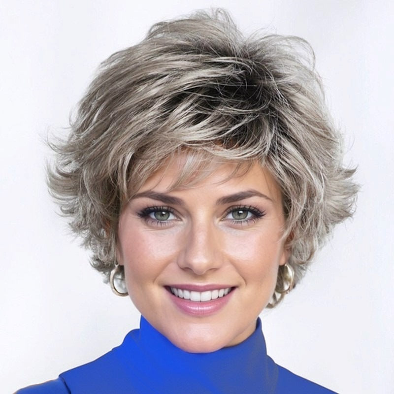 Women's Outside Curly Long Mixed Color Brown Golden One Piece Wig Short Straight Hair
