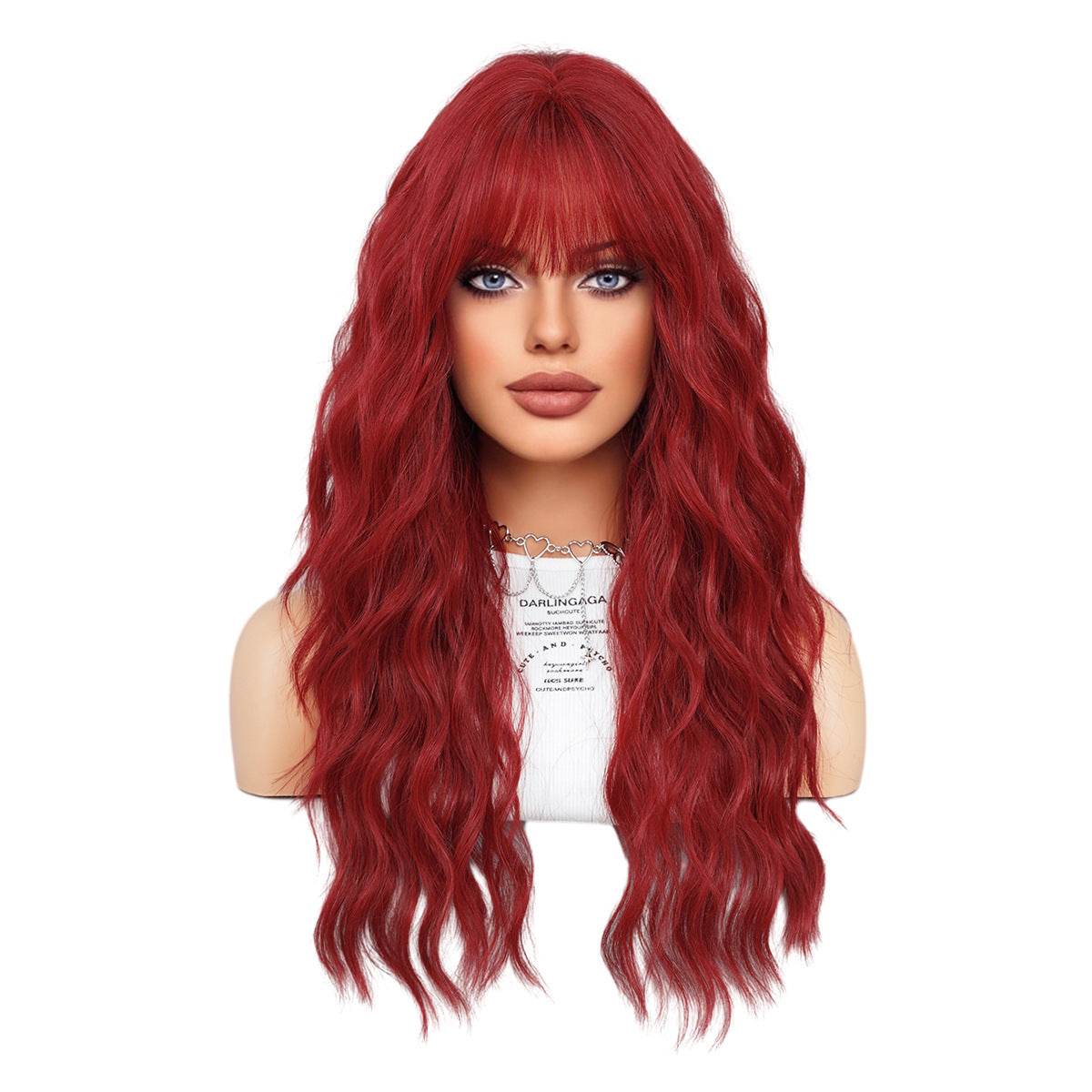 Women's Charming Red Small Straight Bangs Wavy Wig Long Curls