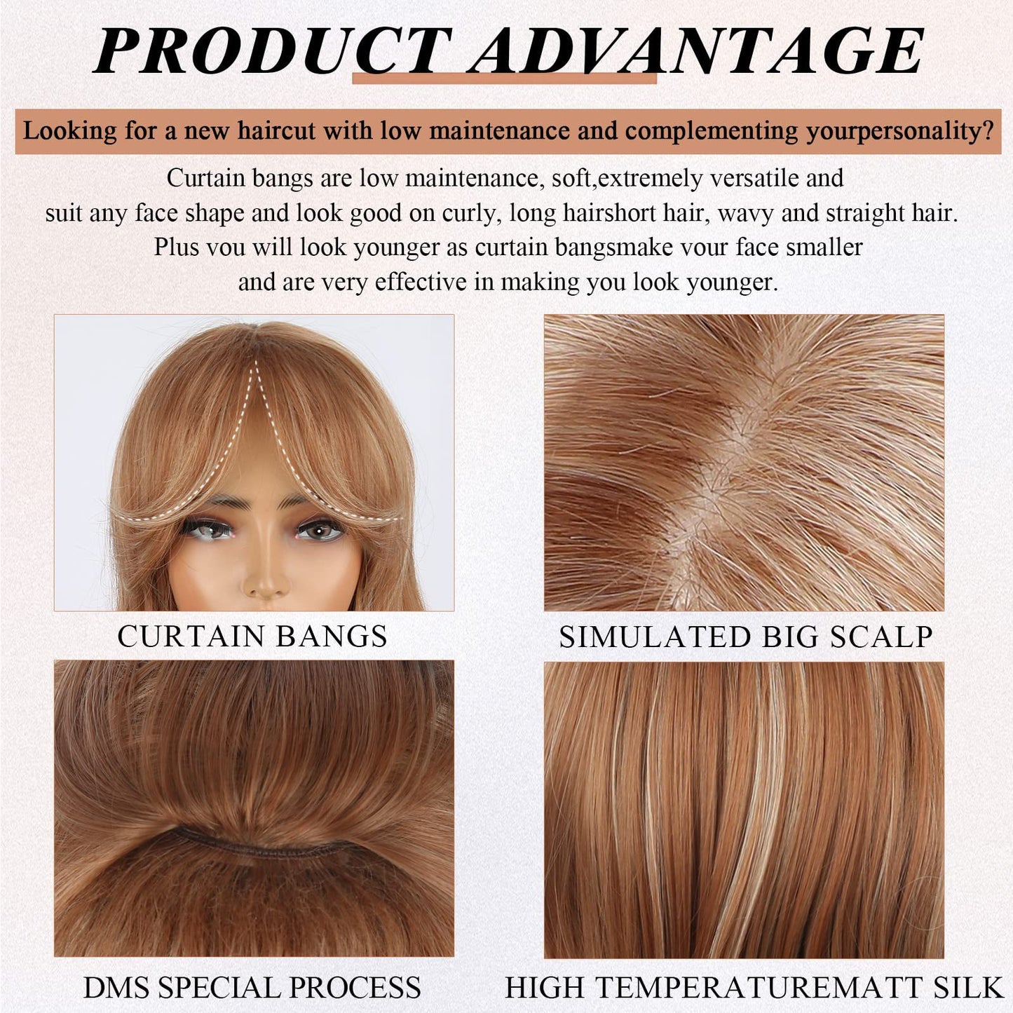 Female Curly Hair Bangs Golden Sheath Wig Long Curls