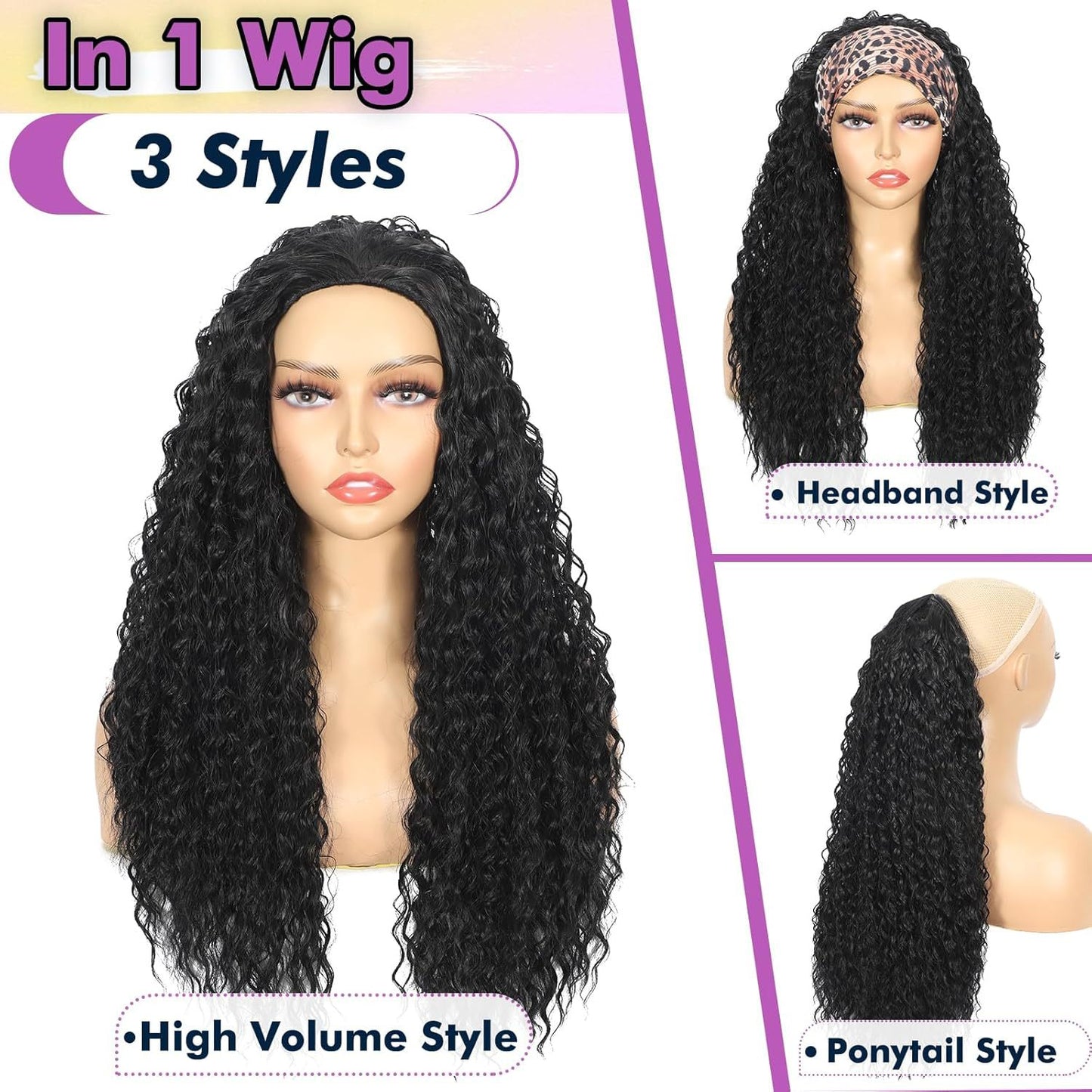 Women's Black Small Curly Hair Three-in-one Synthetic Wigs Wig Long Curls