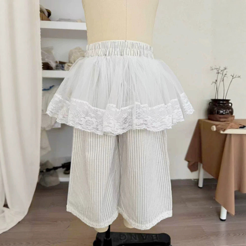 Summer Lace Mesh Stitching Striped Ruffles Children's Pants