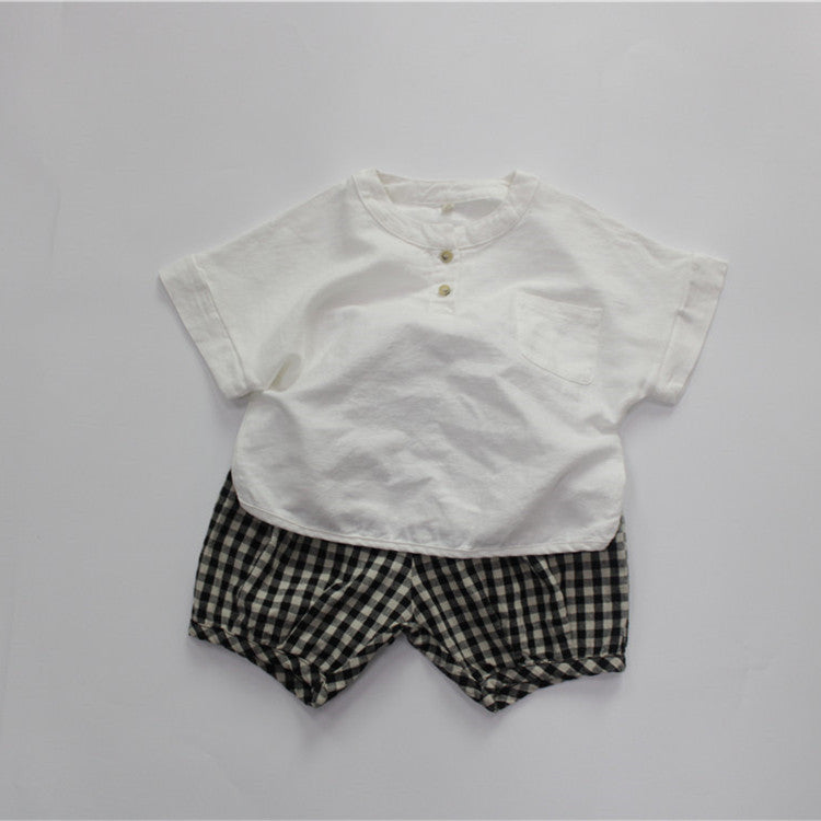 Neck Short Sleeve Solid Color Korean Style Buckle Top Children's T-shirt