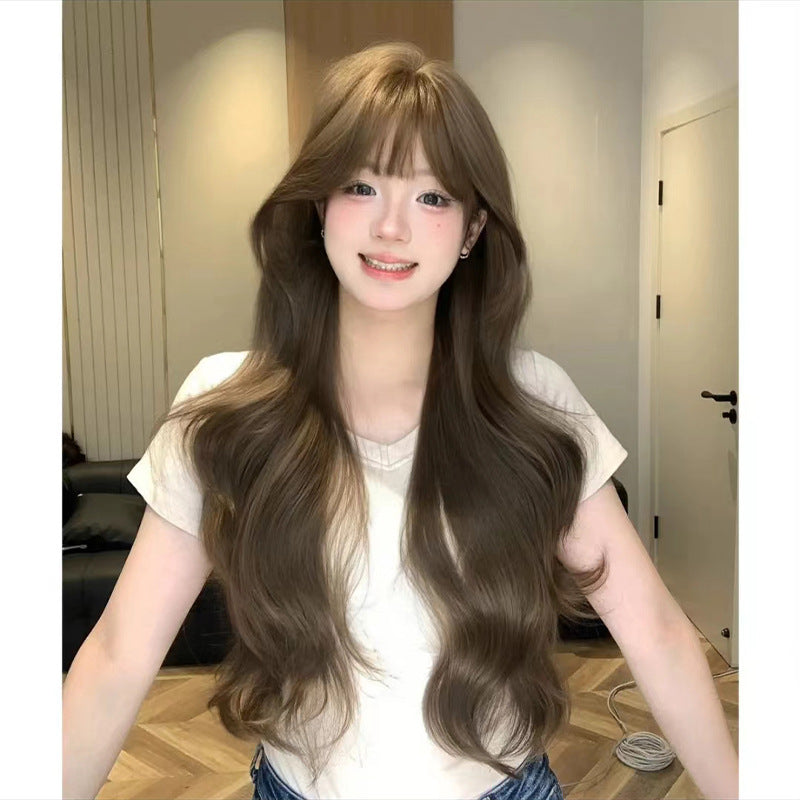 Brown Female Medium Large Wave Lazy Temperament Curly Hair Bangs Wig Long Curls