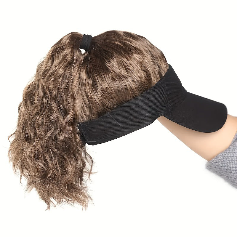 Women's Hat Black Cap Ponytail Integrated Synthetic Corn Curler Horse Wig Long Curls