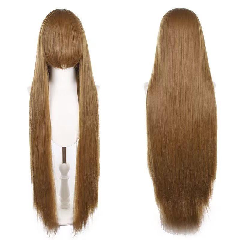 Universal Round Head Leather Top Length Bangs Mao Shape Rose Long Straight Wig