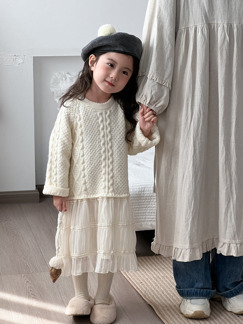 Children's Korean Style Clothing Sweater Stitching Mesh Princess Knitted Children's Dress