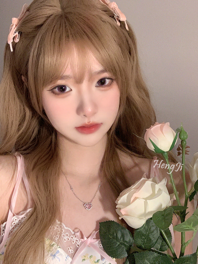 Women's Hair Milk Tea Curly Natural Air Bangs Wig Long Curls