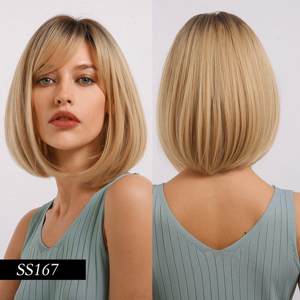 Women's Straight Bangs Gradually Varied Pink Short Wig Long Curls