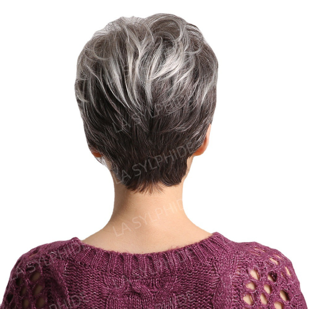 Chemical Fiber Texture Gray White Rose Net Man Wig Short Straight Hair