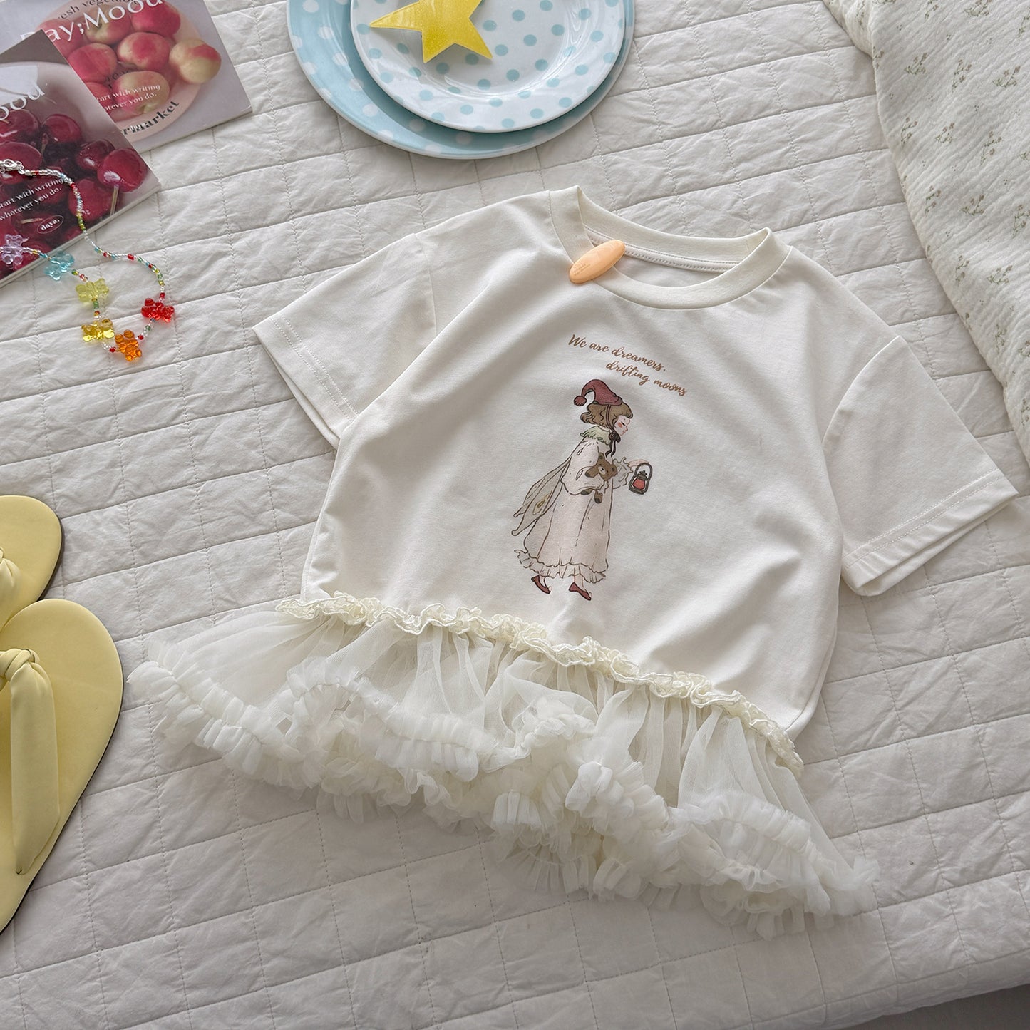 Breathable Rabbit Print Net Skirt Hemline Children's T-shirt