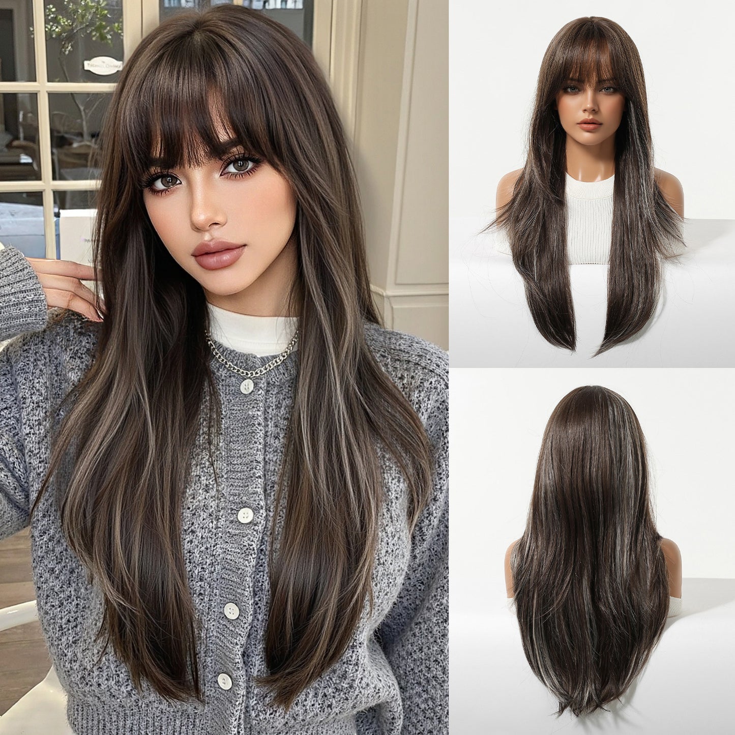 Female Hair Gradient Brown Layer Natural Long Straight Wig